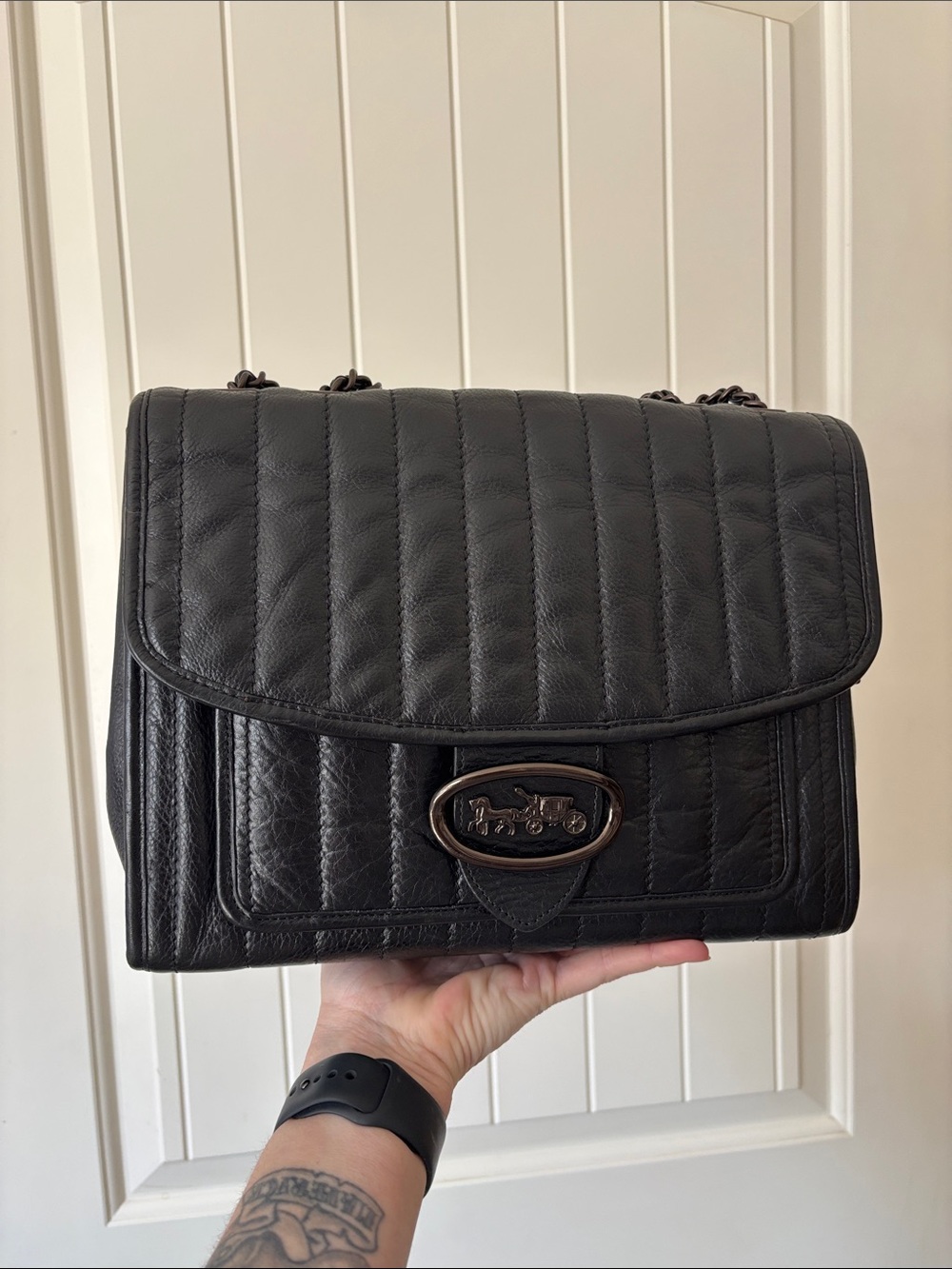 Authentic Coach Melody 29 Black Quilted Leather Shoulder Bag Gunmetal Hardware
